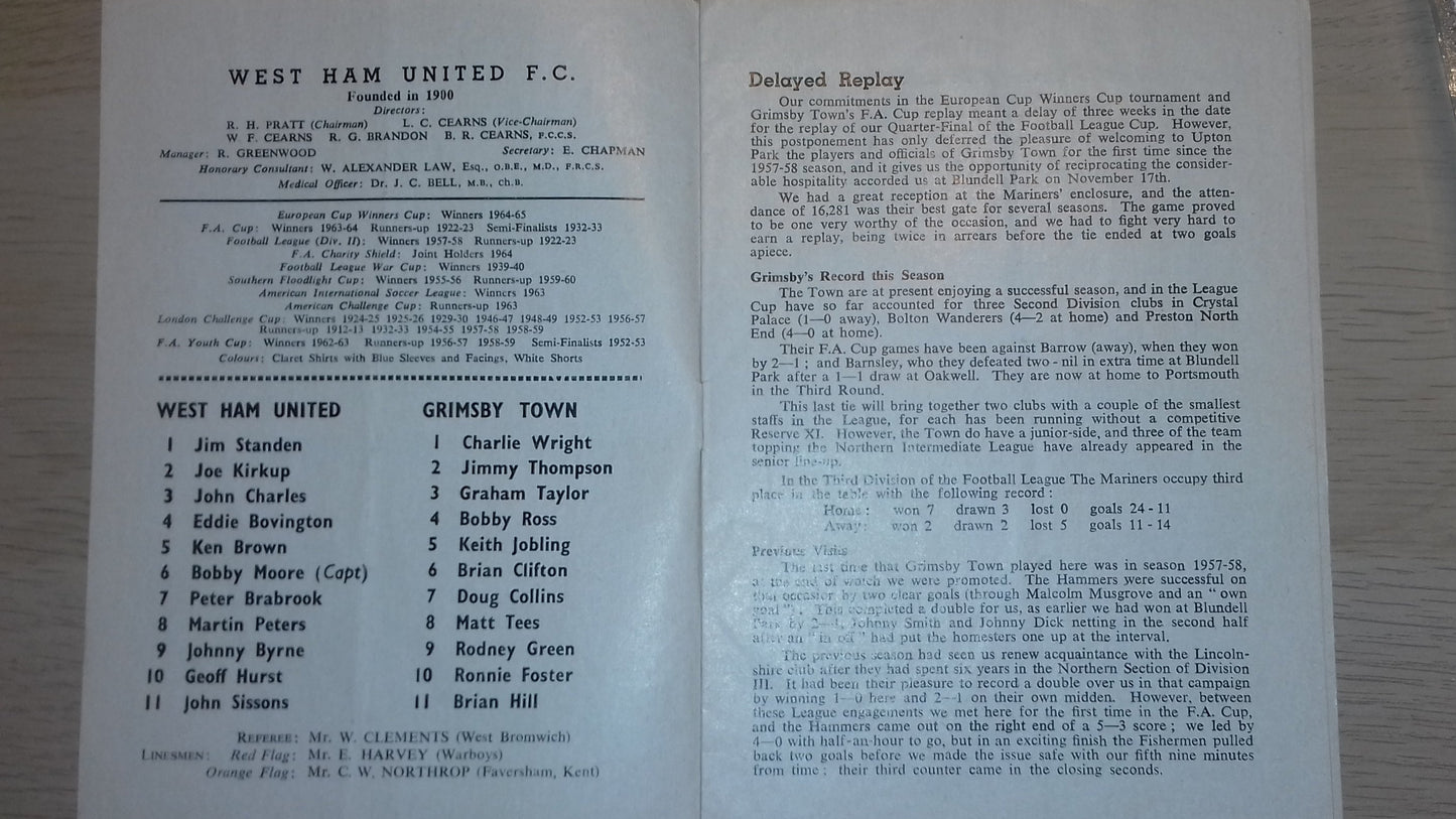 West Ham Utd v Grimsby Town Match Programme F.L. Cup 5th Round Replay Wed. 15th December 1965 1965