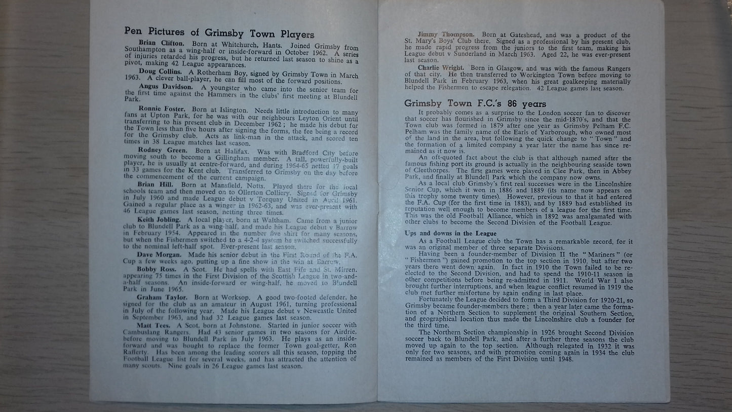 West Ham Utd v Grimsby Town Match Programme F.L. Cup 5th Round Replay Wed. 15th December 1965 1965