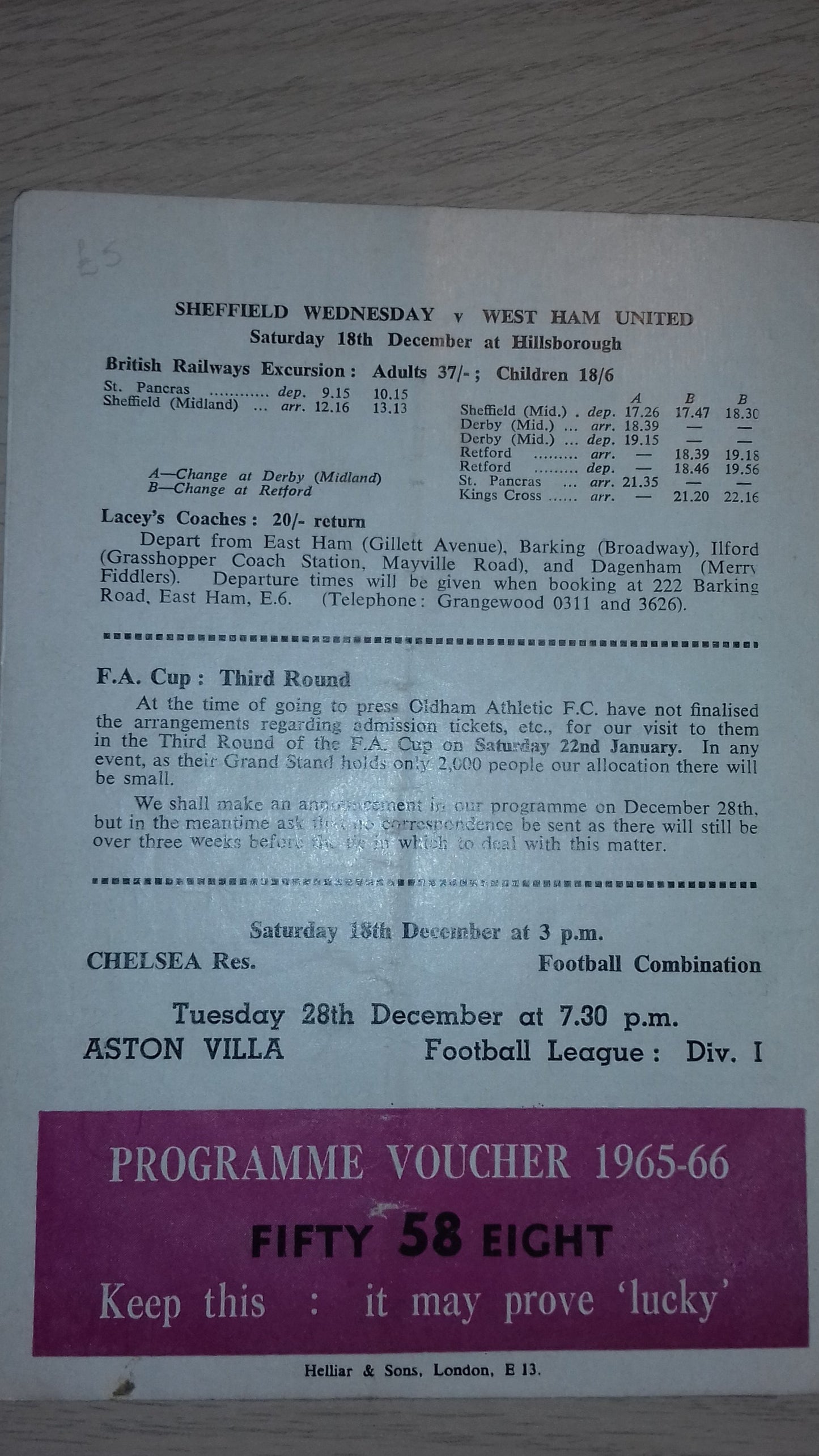 West Ham Utd v Grimsby Town Match Programme F.L. Cup 5th Round Replay Wed. 15th December 1965 1965