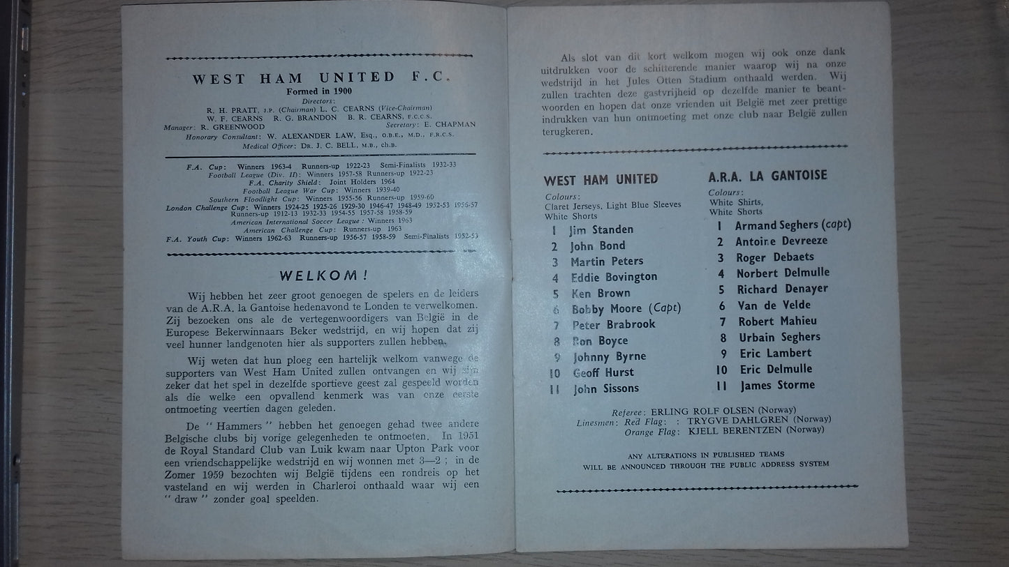 West Ham Utd v A.R.A Gantoise (Belgium) Match Programme European Cup Winners Cup Preliminary Round 2nd Leg Wednesday 7th October 1964.