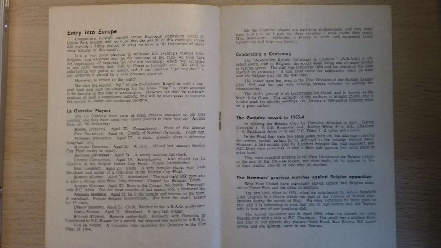 West Ham Utd v A.R.A Gantoise (Belgium) Match Programme European Cup Winners Cup Preliminary Round 2nd Leg Wednesday 7th October 1964.