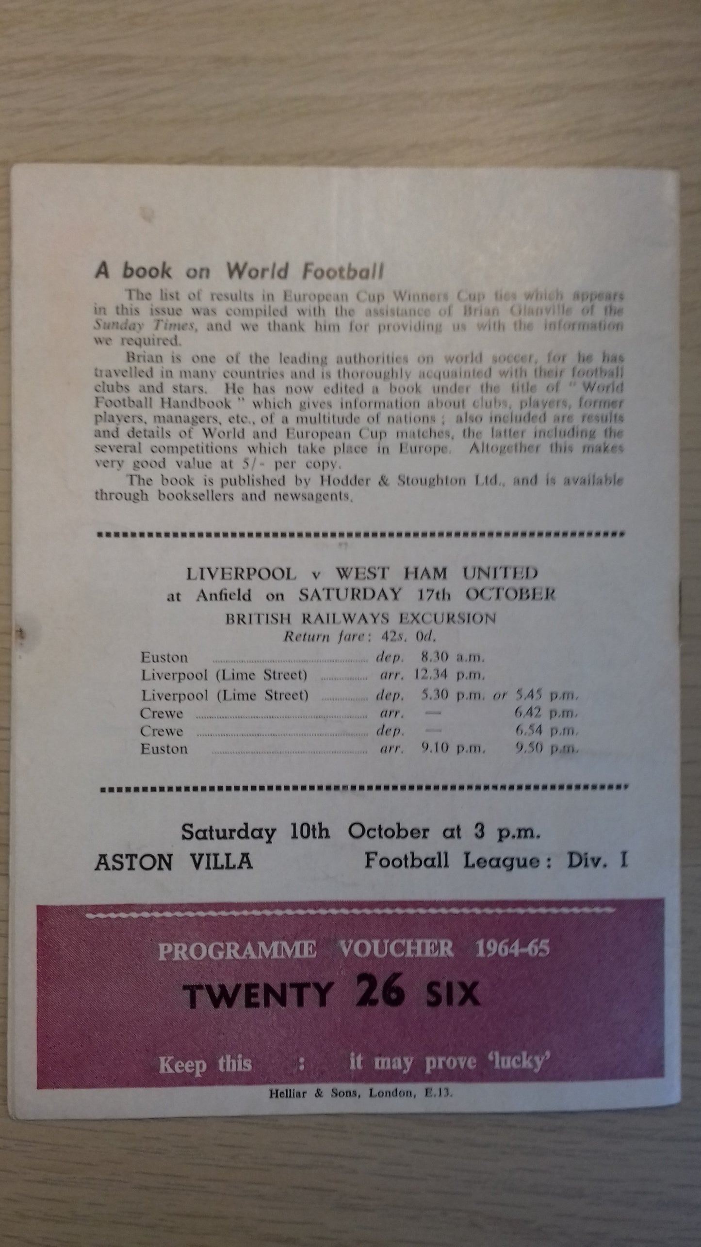 West Ham Utd v A.R.A Gantoise (Belgium) Match Programme European Cup Winners Cup Preliminary Round 2nd Leg Wednesday 7th October 1964.