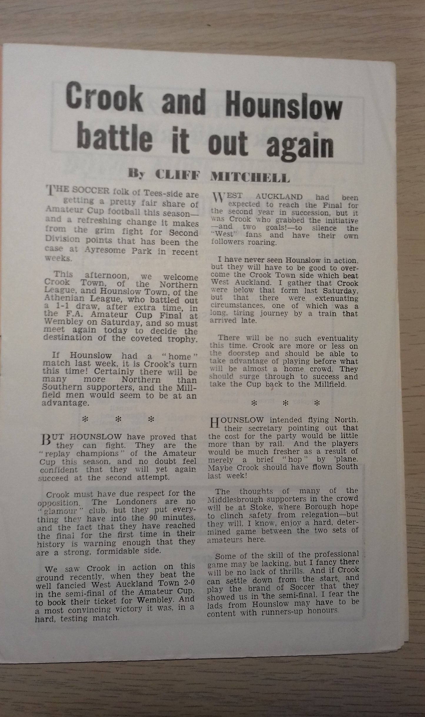 Crook Town v Hounslow Town Match Programme F.A. Amateur Cup Final Replay Sat.April 21st 1962 @ Ayresome Park.
