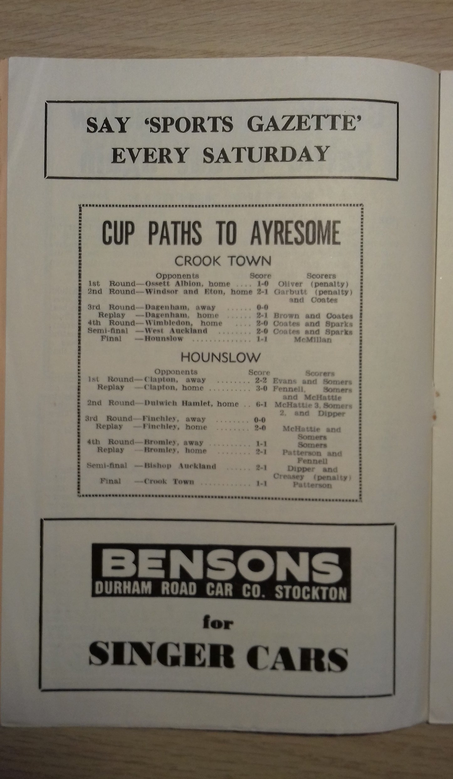 Crook Town v Hounslow Town Match Programme F.A. Amateur Cup Final Replay Sat.April 21st 1962 @ Ayresome Park.