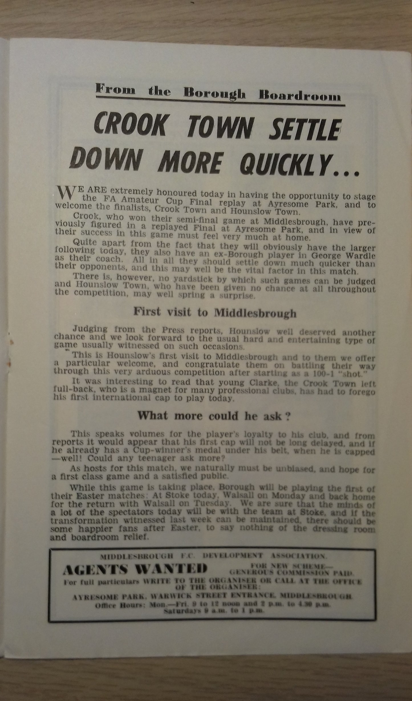 Crook Town v Hounslow Town Match Programme F.A. Amateur Cup Final Replay Sat.April 21st 1962 @ Ayresome Park.