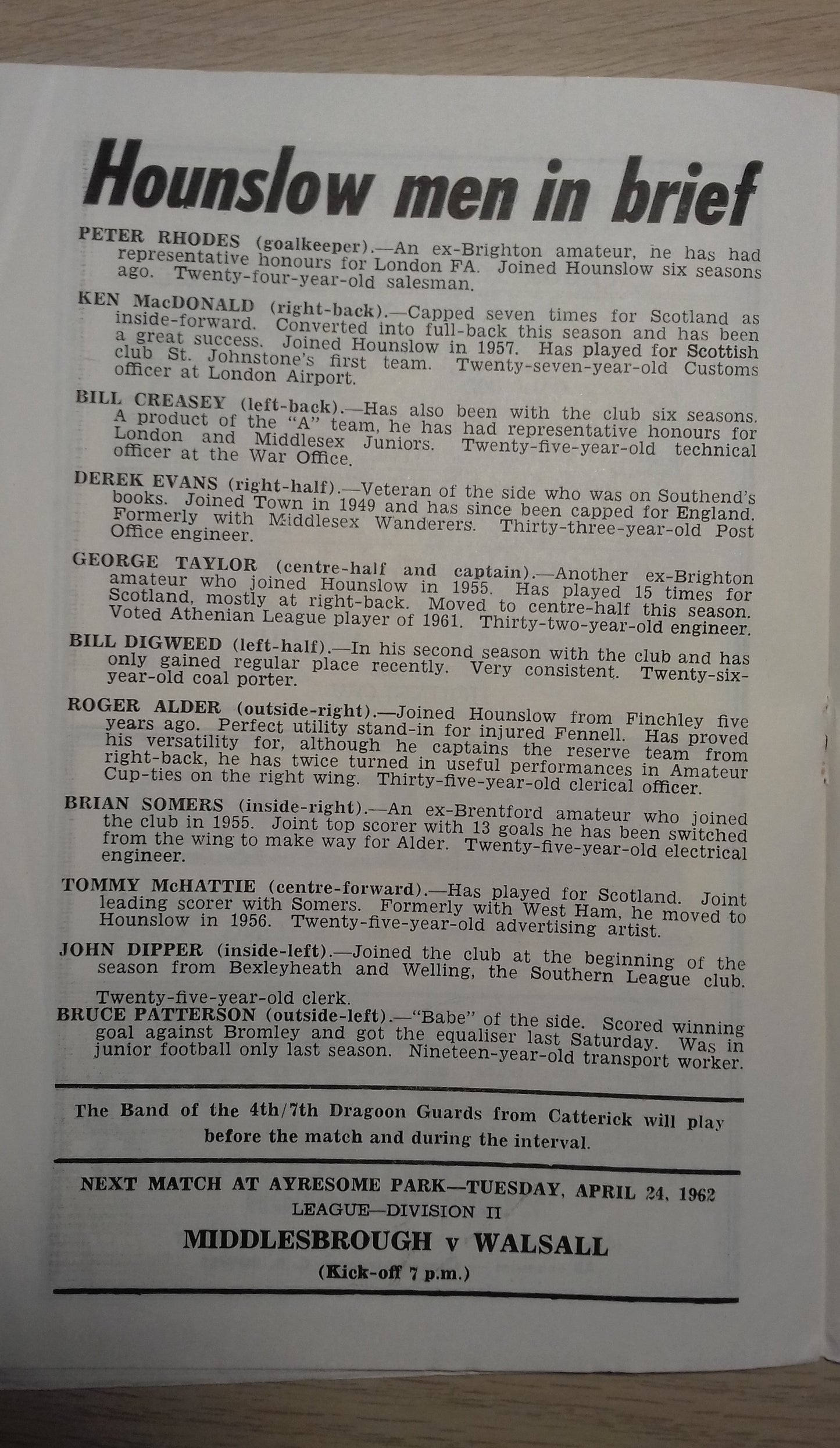 Crook Town v Hounslow Town Match Programme F.A. Amateur Cup Final Replay Sat.April 21st 1962 @ Ayresome Park.