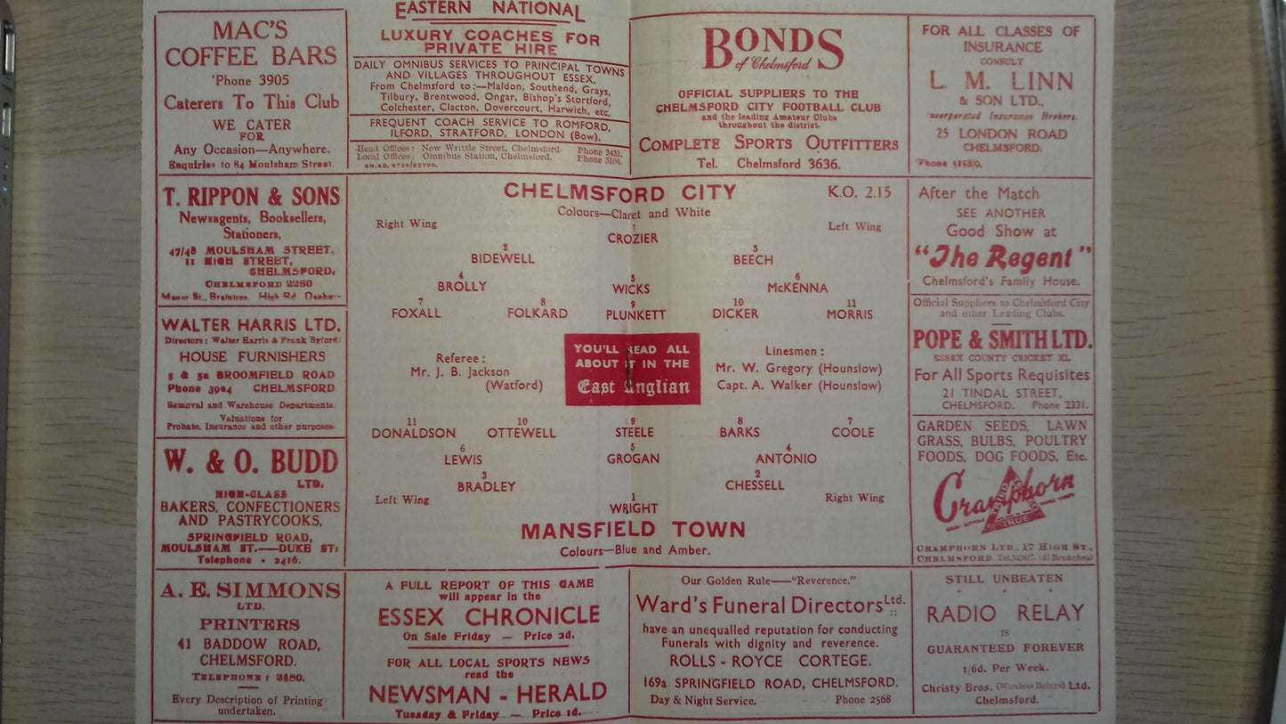 Chelmsford City v Mansfield Town Programme F.A. Cup 2nd Round Saturday December 9th 1950.