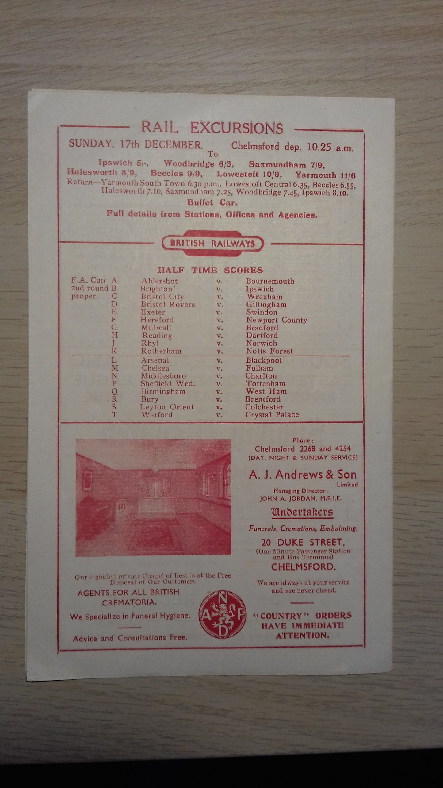 Chelmsford City v Mansfield Town Programme F.A. Cup 2nd Round Saturday December 9th 1950.