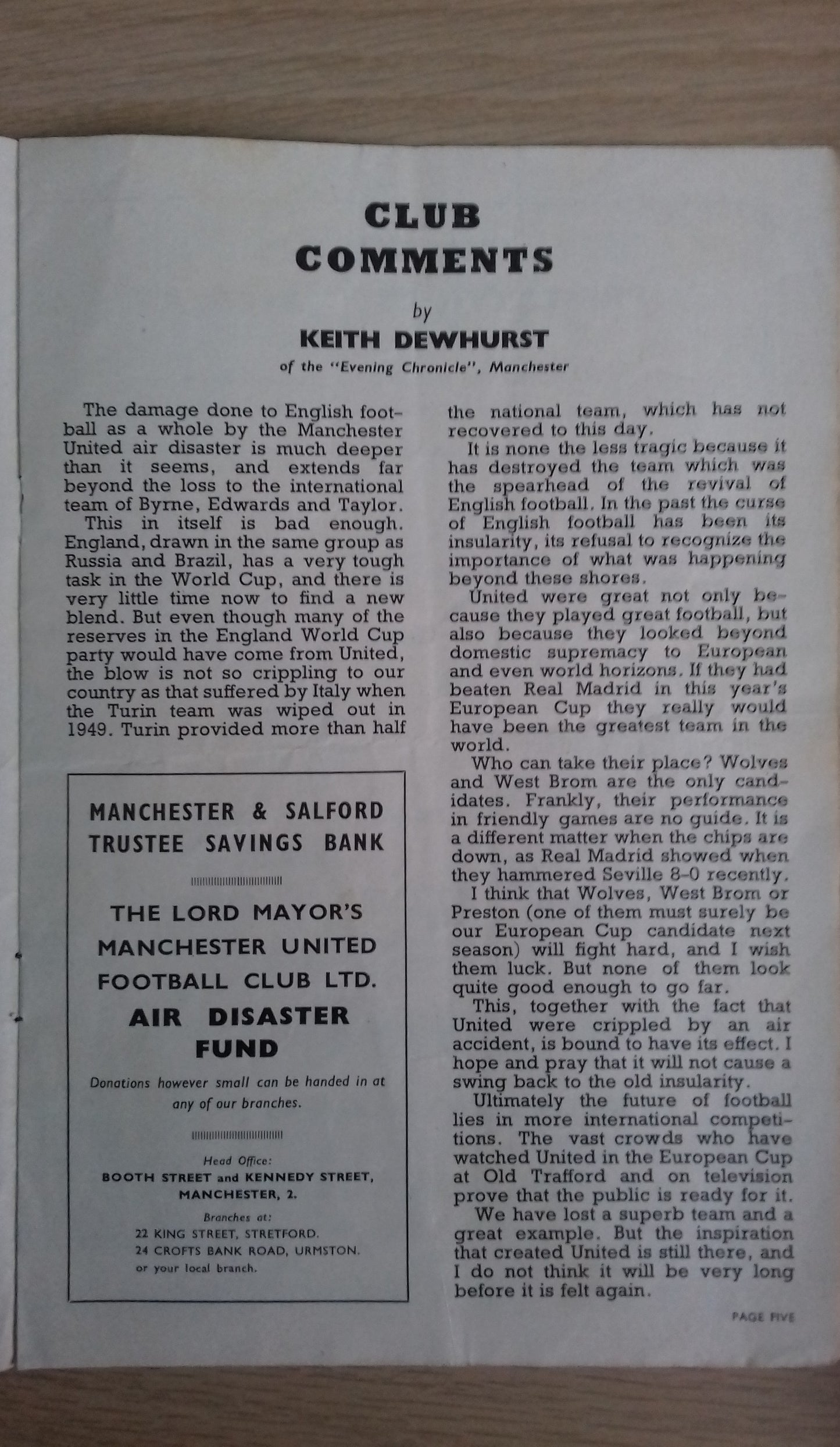 Manchester Utd v Nottingham Forest Programme 22nd February 1958 1st League Game After Munich Air Disaster