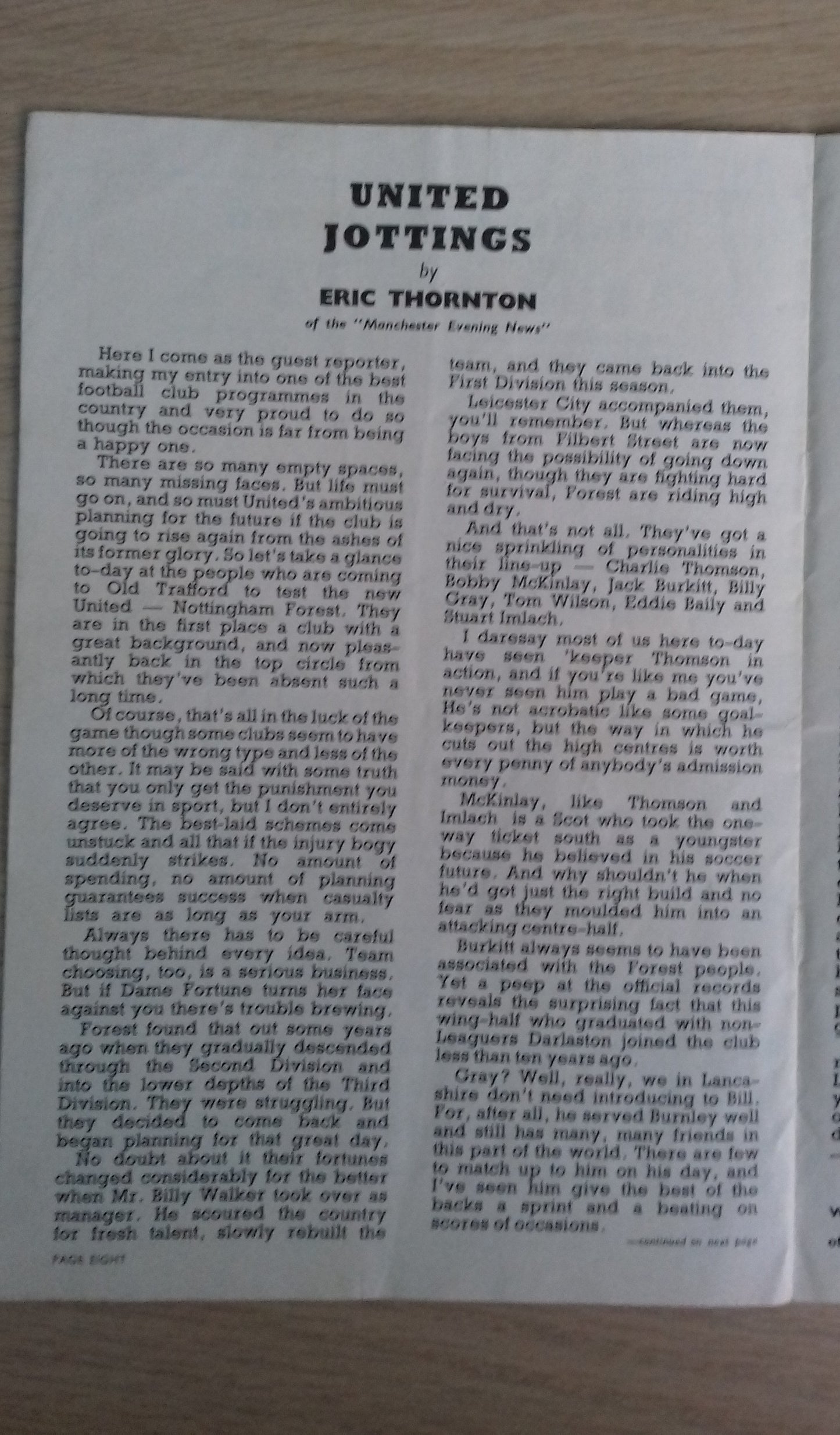 Manchester Utd v Nottingham Forest Programme 22nd February 1958 1st League Game After Munich Air Disaster