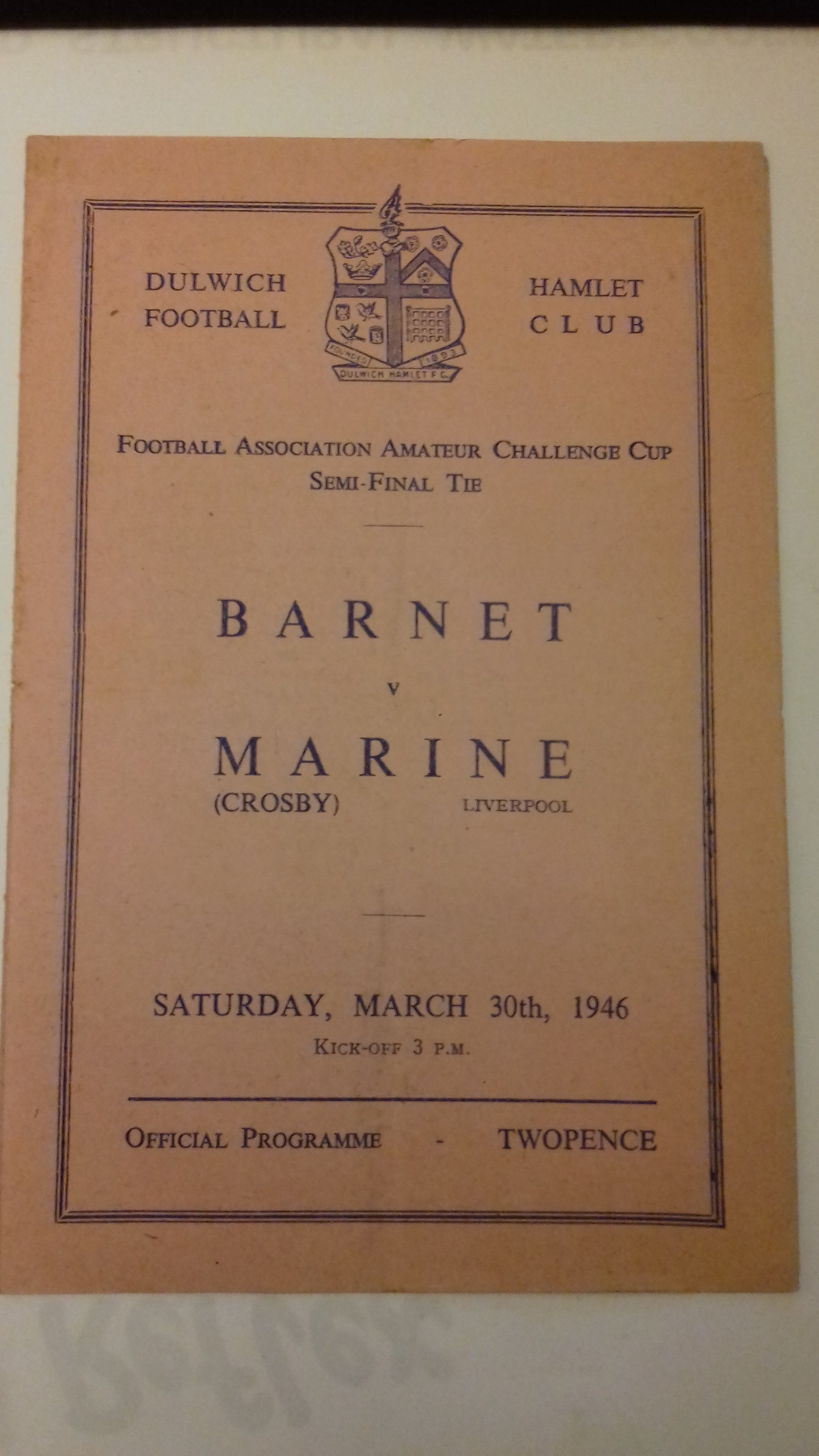 Barnet v Marine F.A. Programme Amateur Cup Semi-Final Saturday March 30th 1946.