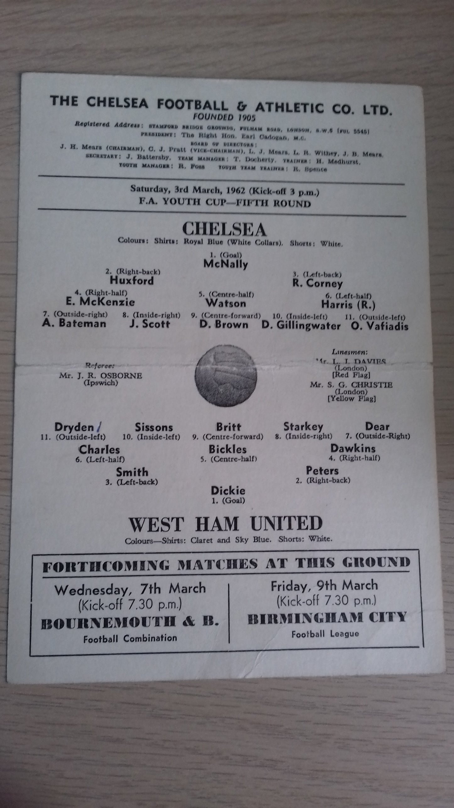 Chelsea v West Ham Utd F.A. Youth Cup 5th Round Single Card 3rd March 1962