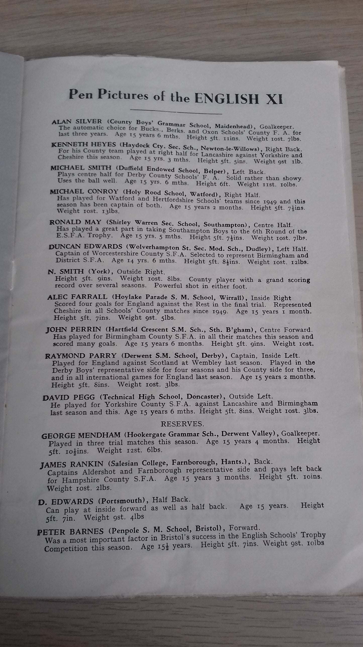 England Boys (Duncan Edwards) v Scotland Boys Victory Shield Saturday May 5th 1951 @ Chesterfield
