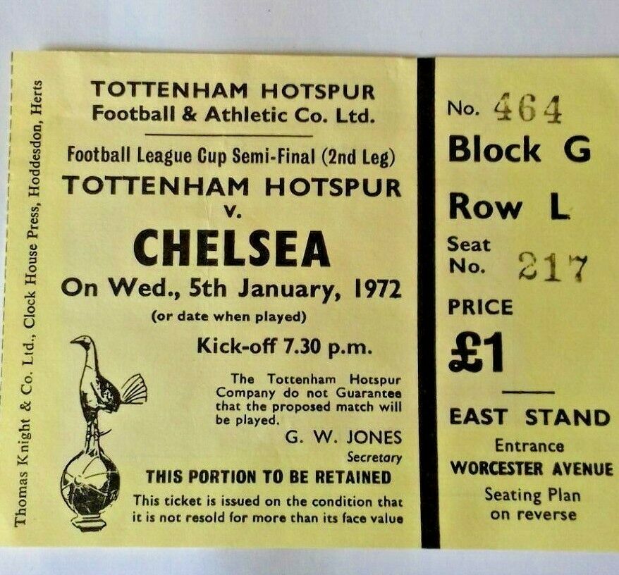 Tottenham Hotspur v Chelsea Used Match Ticket League Cup S/Final 2nd.Leg 5/1/72 White Hart Lane