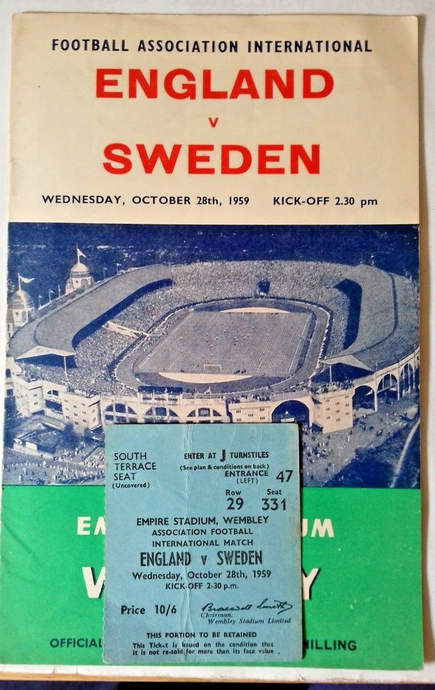 England v Sweden Programme + Ticket October 28th 1959 Wembley Stadium.