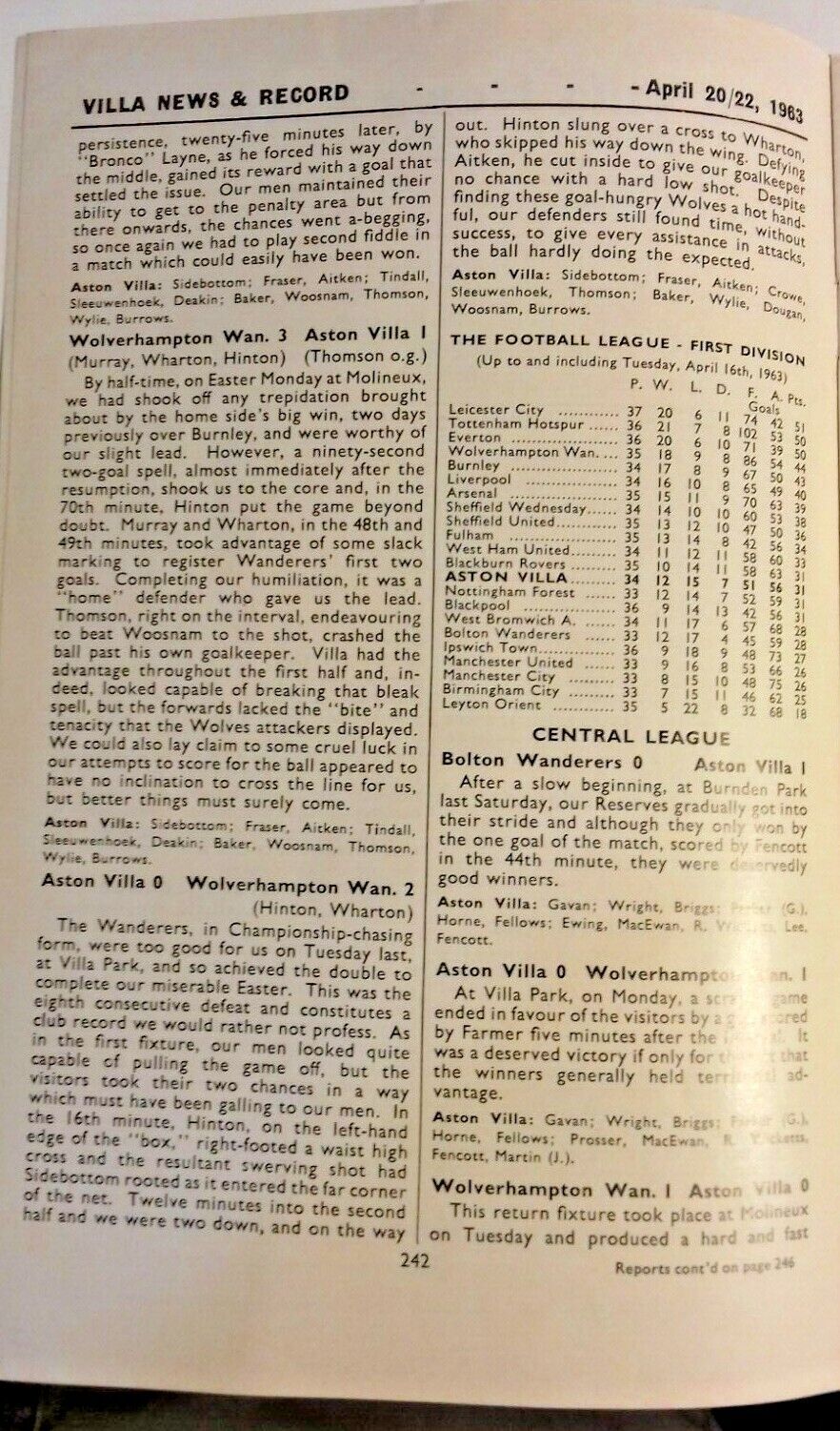 Aston Villa v Sunderland Football League Cup Semi -Final 2nd Leg Used Programme 22/4/1963.