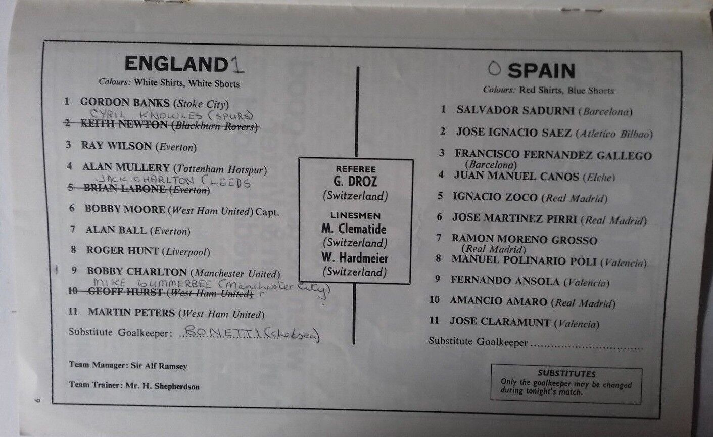England v Spain European Championship Q/Final 1st Leg & Stewards Ticket Wednesday 3rd April 1968