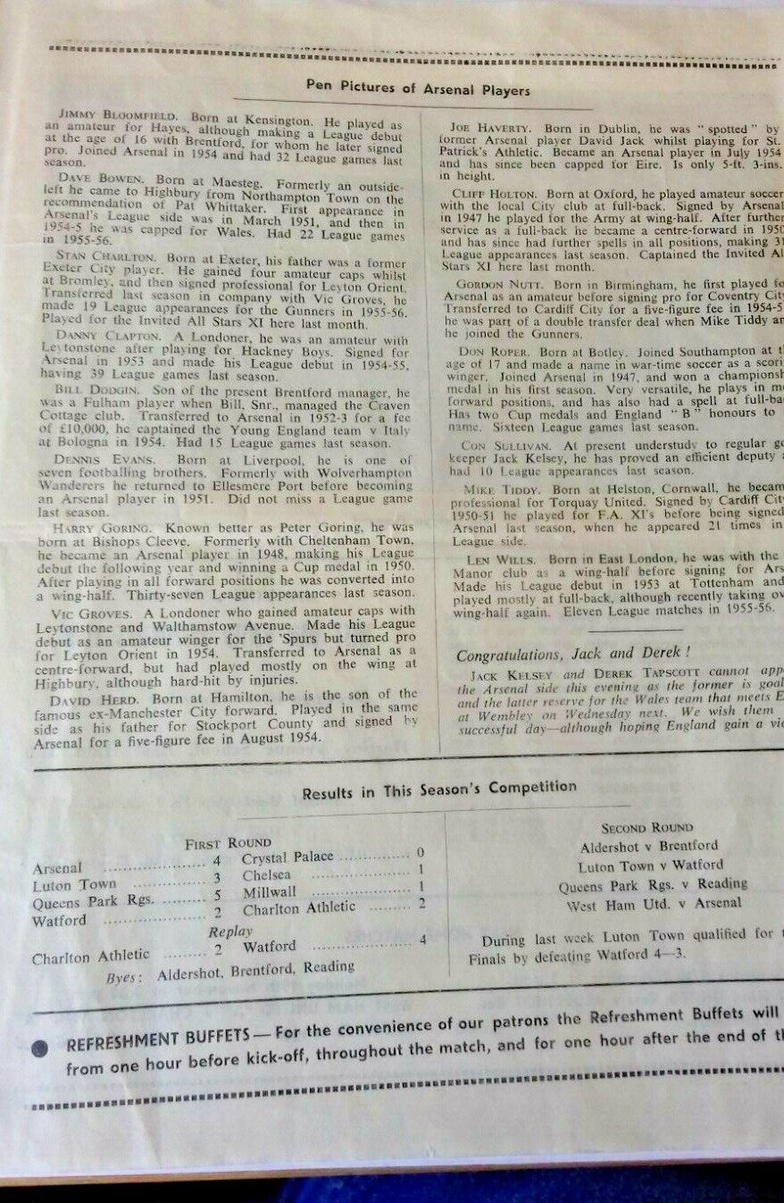 West Ham Utd v Arsenal Football Match Programme Southern Floodlight Cup 2nd Round. 12/11/1956 Upton Park.