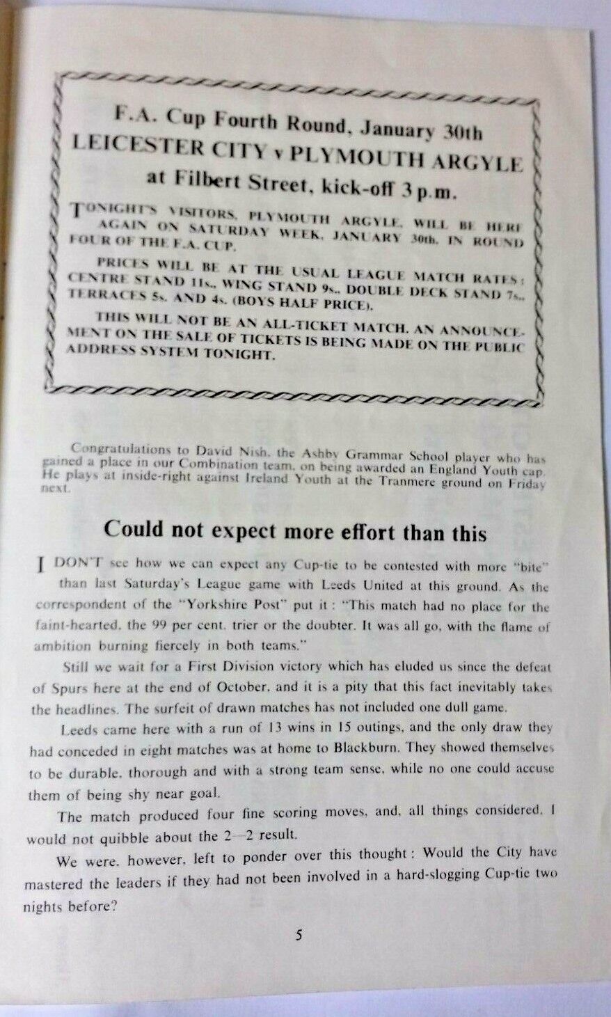 Leicester City v Plymouth Argyle Used Programme League Cup Semi-Final 1st Leg 20/1/65.