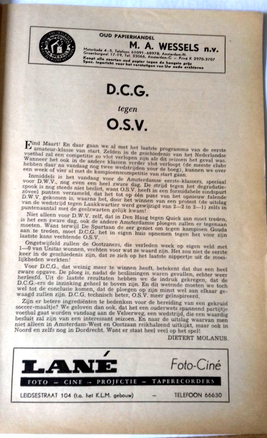 D.C.G. v O.S.V. Football Match Programme Eerste Klass A Amateur 27th March 1960.