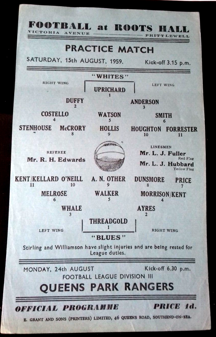 Southend Utd Practice Match Whites v Blues Football Match Programme Saturday 15th August 1959 Roots Hall