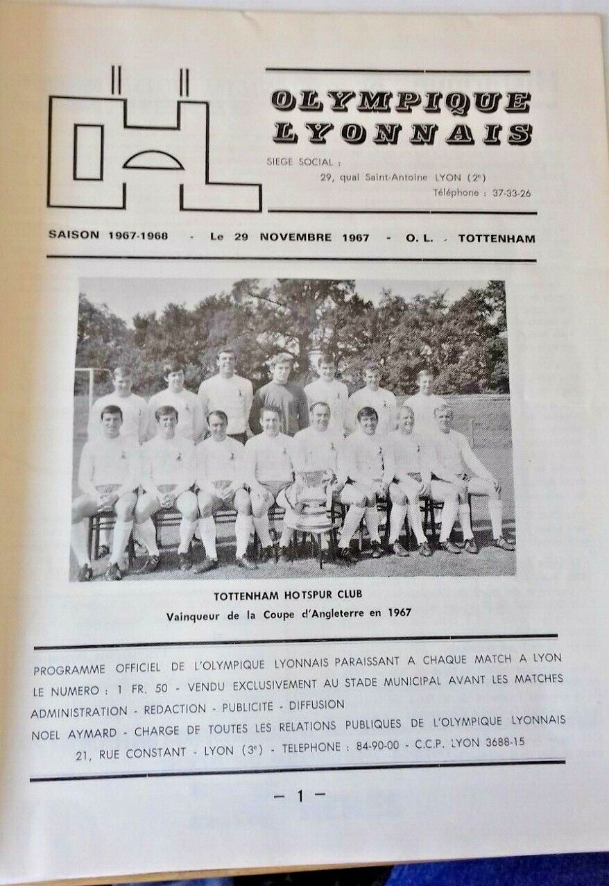 Olympic Lyonnais v Tottenham Hotspur Used Programme European Cup Winners Cup 2nd Rnd.1st Leg 29/11/67