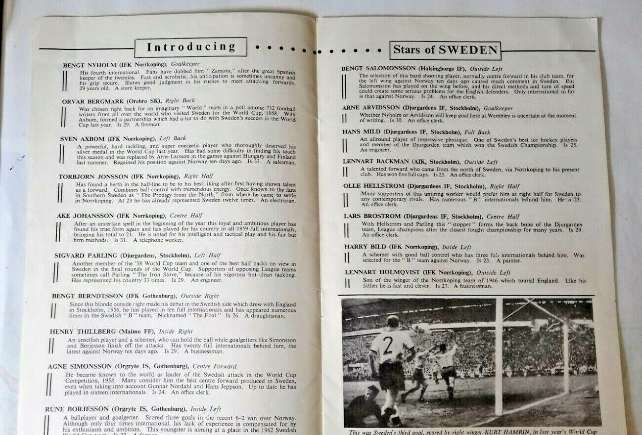 England v Sweden Programme + Ticket October 28th 1959 Wembley Stadium.