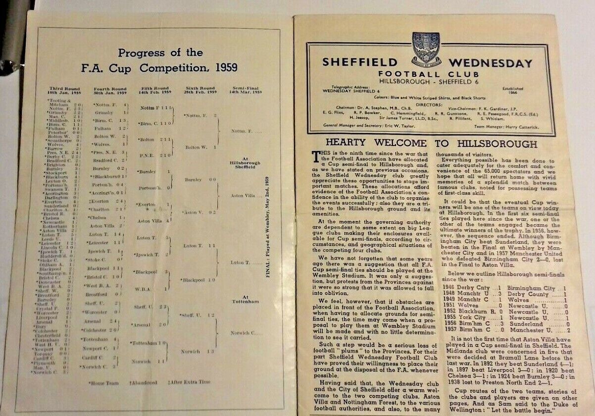 Aston Villa v Nottingham Forest F.A. Cup Semi - Final Used Programme 14/3/59 Hillsborough