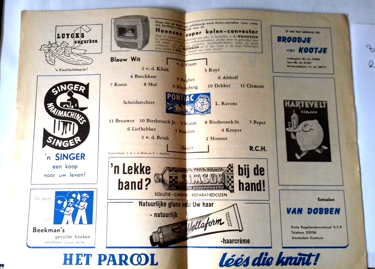 Blauw Wit v R.C.H. Match Programme Eerste Divisie B 28th August 1960.