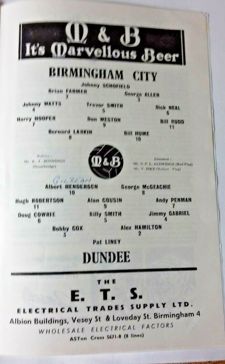 Birmingham City v Dundee Friendly Match Saturday 30th January 1960 St. Andrews.