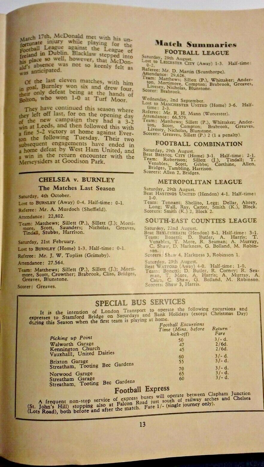 Chelsea v Burnley Football Match Programme Division 1 (Burnley Championship Season) 5/9/1959.