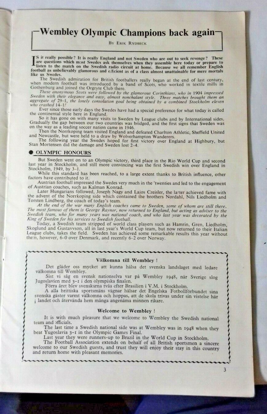England v Sweden Programme + Ticket October 28th 1959 Wembley Stadium.