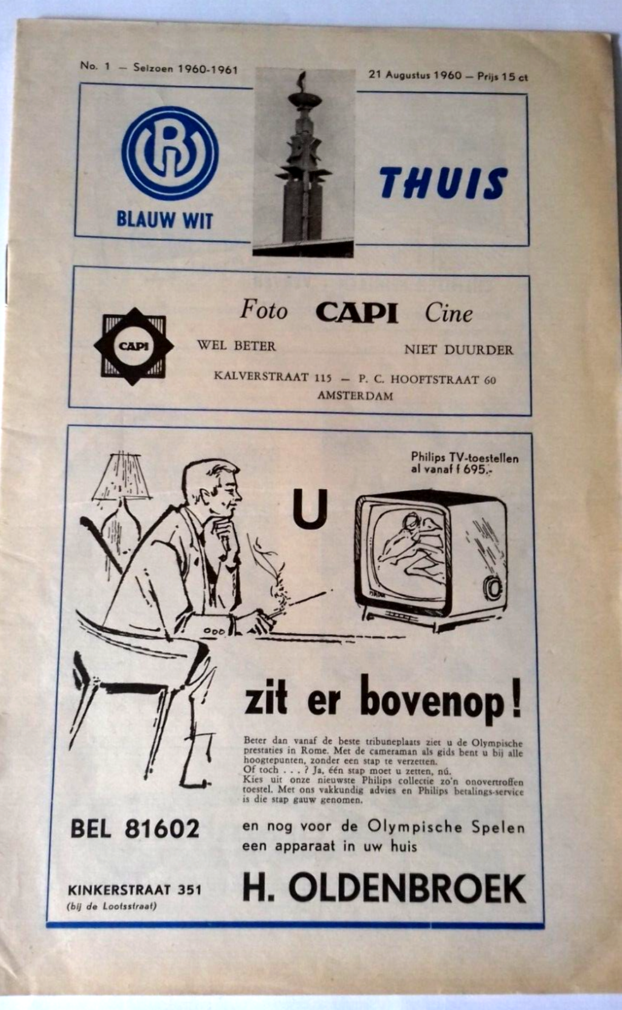 Blauw Wit v R.C.H. Match Programme Eerste Divisie B 28th August 1960.