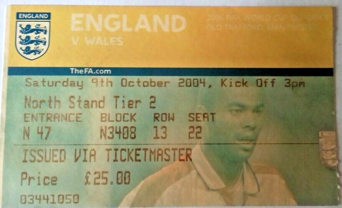 England v Wales World Cup Qualifier Vintage Match Ticket Saturday 9/10/2004 Old Trafford.