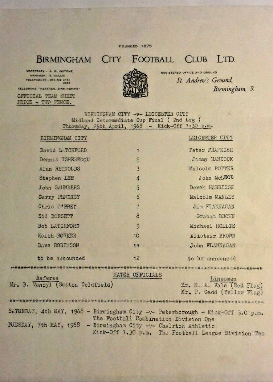 Birmingham City v Leicester City Single Sheet Used Programme Midland Intermediate Cup Final 2nd. Leg 25/4/68