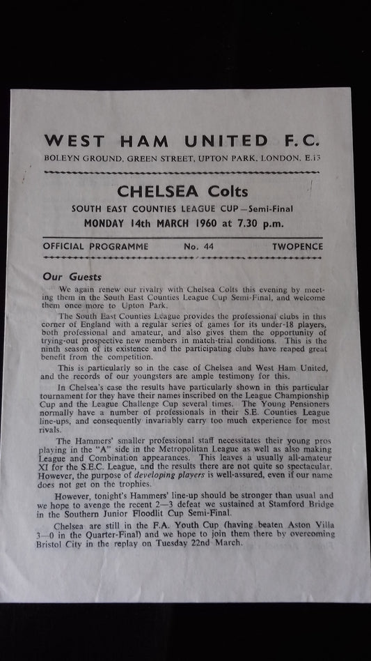 West Ham Utd Colts v Chelsea Colts South East Counties League Cup S/Final Mon. 14/3/60