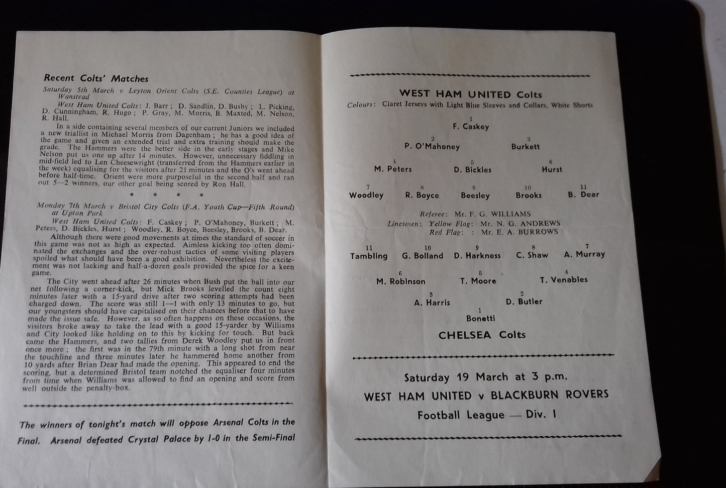 West Ham Utd Colts v Chelsea Colts South East Counties League Cup S/Final Mon. 14/3/60