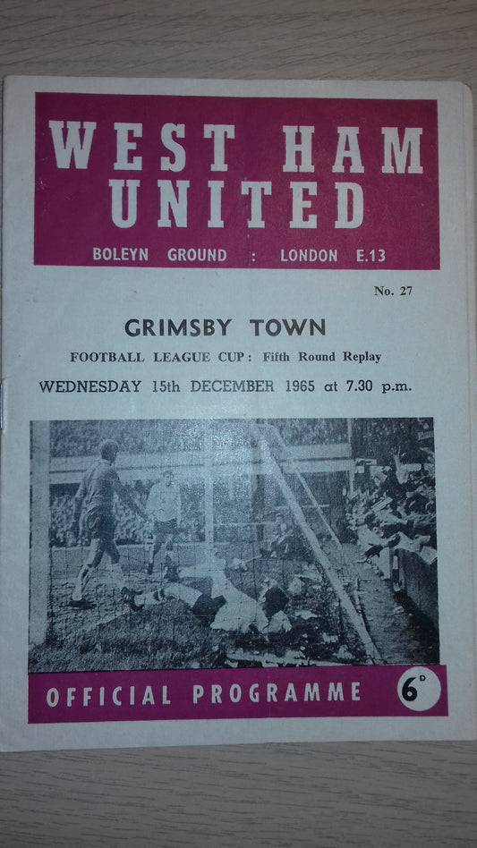 West Ham Utd v Grimsby Town Match Programme F.L. Cup 5th Round Replay Wed. 15th December 1965     1965