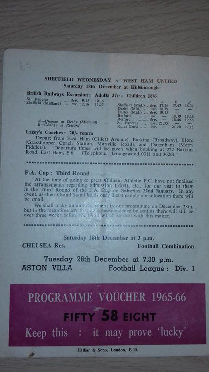 West Ham Utd v Grimsby Town Match Programme F.L. Cup 5th Round Replay Wed. 15th December 1965     1965