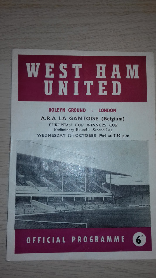West Ham Utd v A.R.A Gantoise (Belgium) Match Programme European Cup Winners Cup Preliminary Round 2nd Leg Wednesday 7th October 1964.