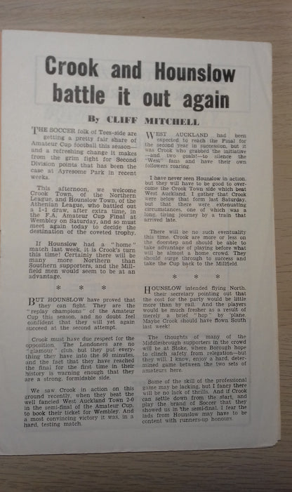 Crook Town v Hounslow Town Match Programme F.A. Amateur Cup Final Replay Sat.April 21st 1962 @ Ayresome Park.
