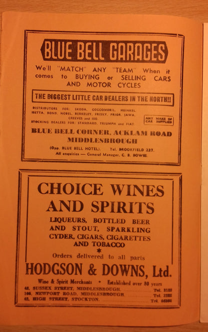 Crook Town v Hounslow Town Match Programme F.A. Amateur Cup Final Replay Sat.April 21st 1962 @ Ayresome Park.