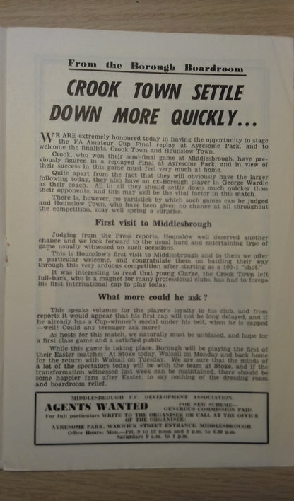 Crook Town v Hounslow Town Match Programme F.A. Amateur Cup Final Replay Sat.April 21st 1962 @ Ayresome Park.