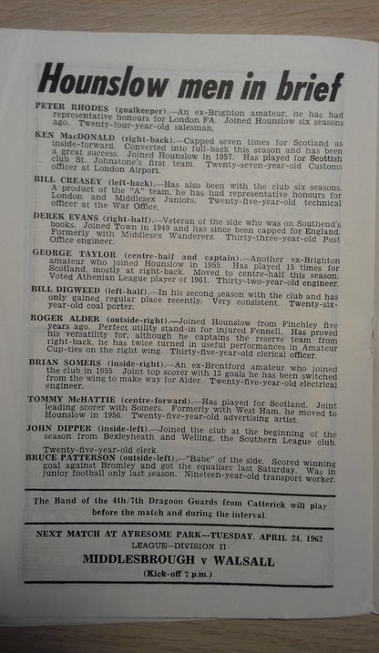 Crook Town v Hounslow Town Match Programme F.A. Amateur Cup Final Replay Sat.April 21st 1962 @ Ayresome Park.