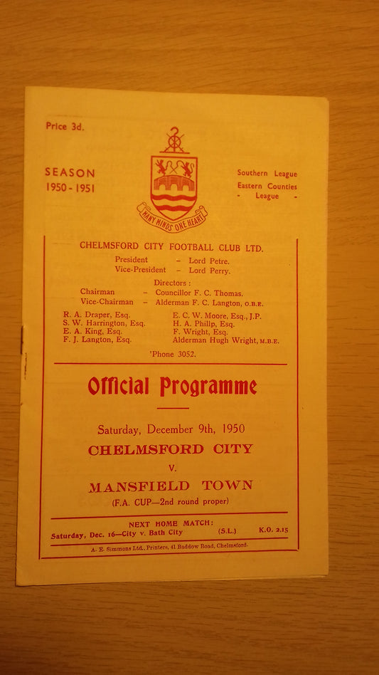 Chelmsford City v Mansfield Town Programme F.A. Cup 2nd Round Saturday December 9th 1950.
