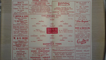 Chelmsford City v Mansfield Town Programme F.A. Cup 2nd Round Saturday December 9th 1950.