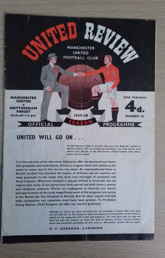 Manchester Utd v Nottingham Forest Programme 22nd February 1958 1st League Game After Munich Air Disaster