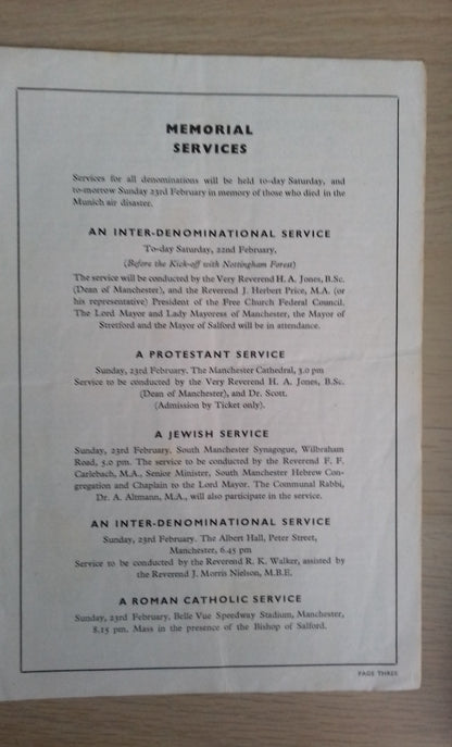 Manchester Utd v Nottingham Forest Programme 22nd February 1958 1st League Game After Munich Air Disaster