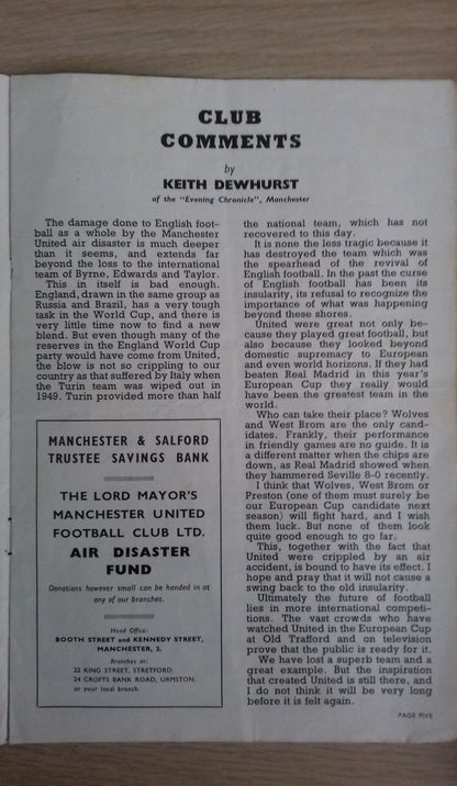 Manchester Utd v Nottingham Forest Programme 22nd February 1958 1st League Game After Munich Air Disaster