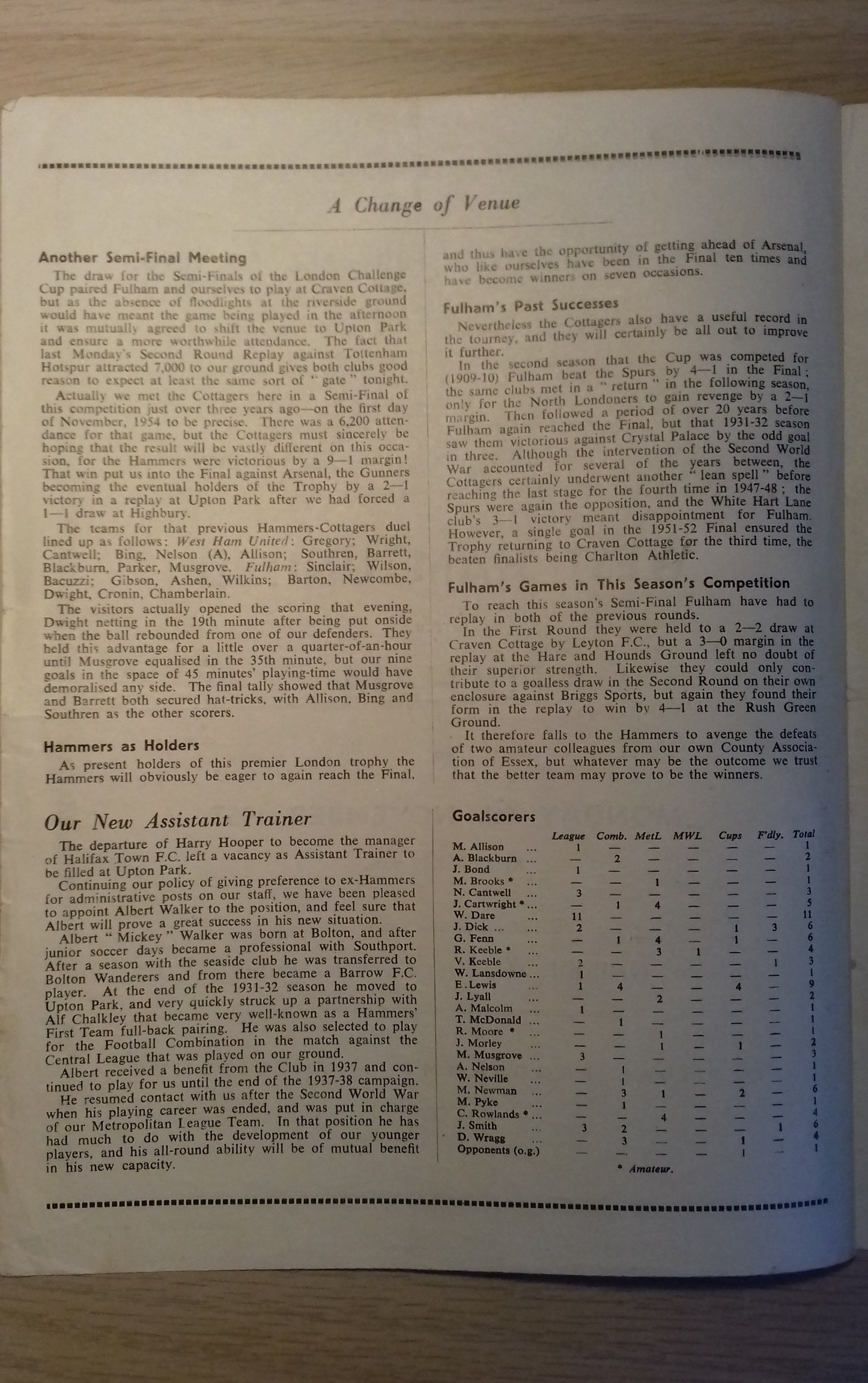 West Ham Utd v Fulham Match Programme London Challenge Cup S/Final Monday 4/11/1957 @ Upton Park